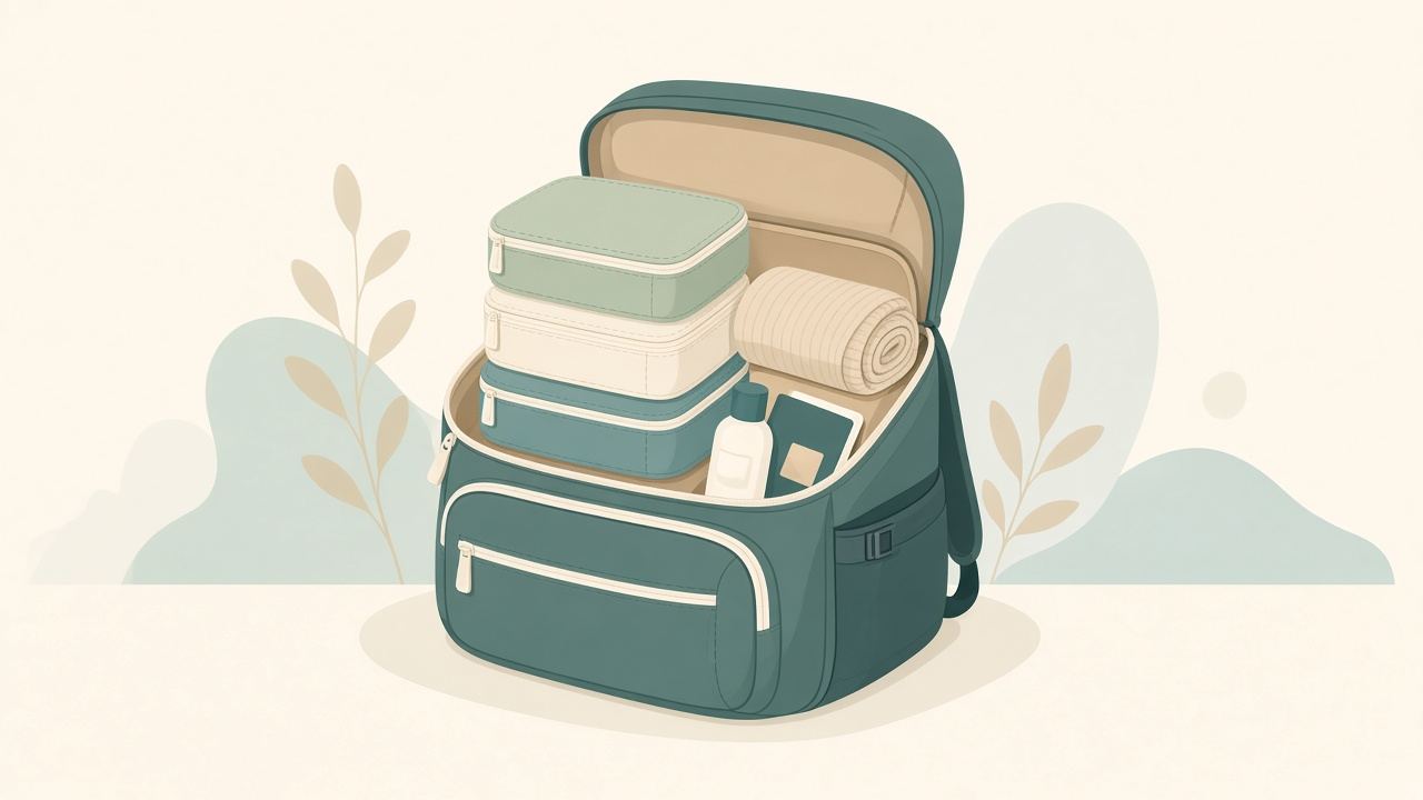 Illustration of an open green carry-on backpack packed with three stacked packing cubes, a rolled sweater, a small toiletry bottle, and a passport.